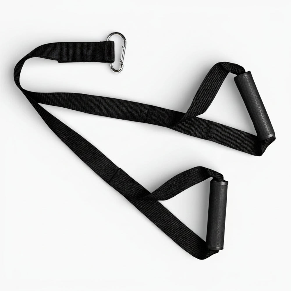 Black pull handle strap with carabiner on a white background