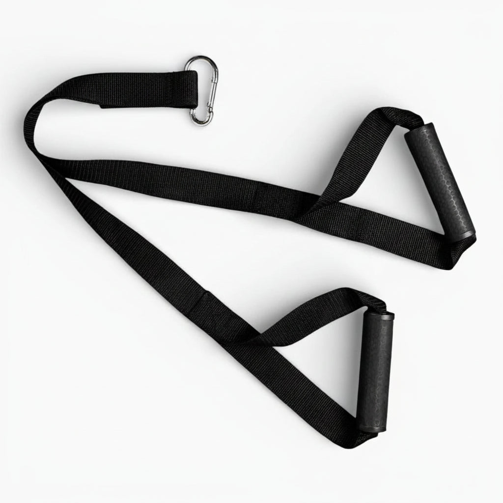 Black pull handle strap with carabiner on a white background - Cheap Gym Equipment | Gym Superstore