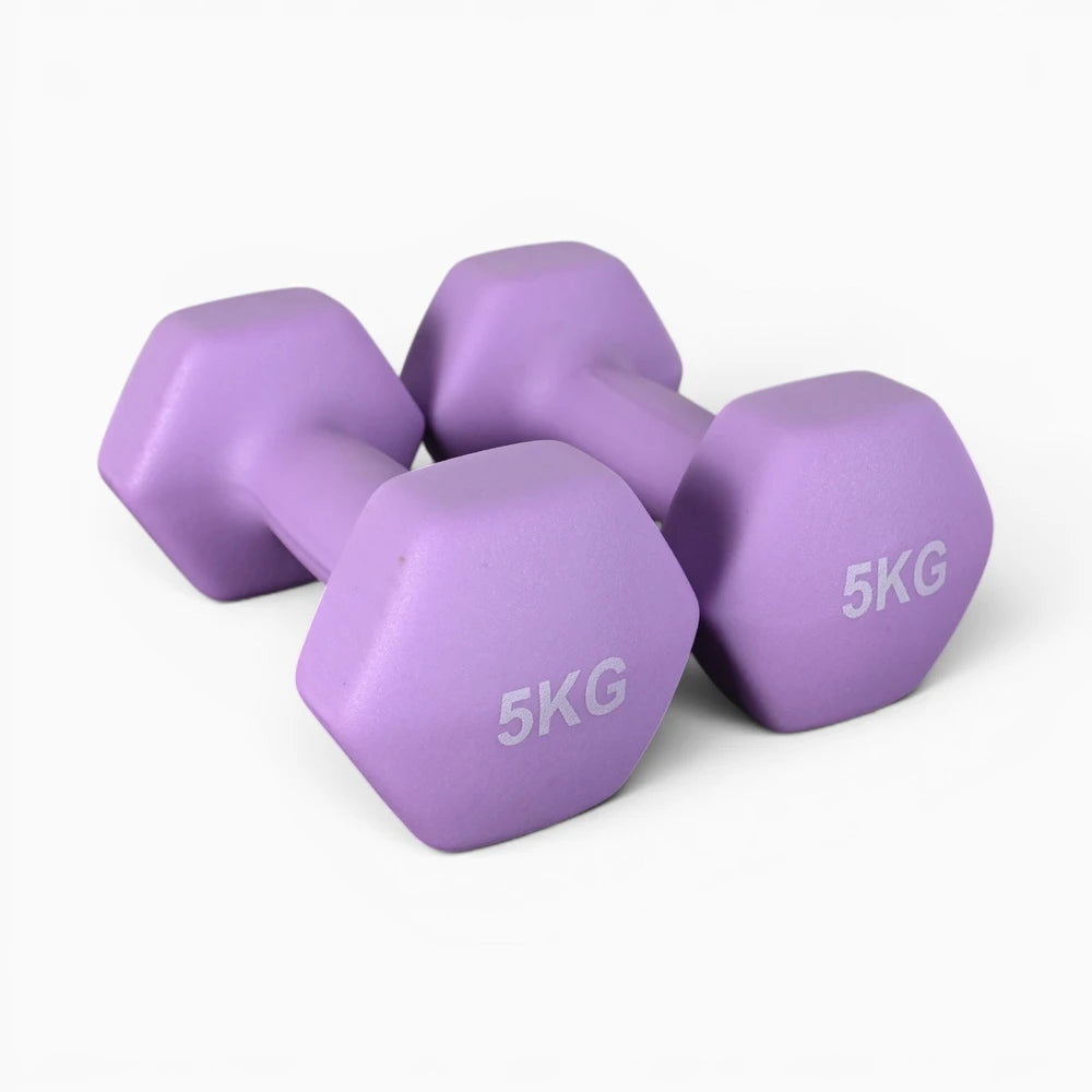 Purple neoprene dumbbells with '5KG' marking on a white background