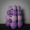 Stack of purple dumbbells with weight markings on a dark surface and gray background