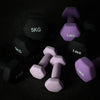 Set of purple and black dumbbells with weight markings on a dark background