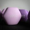 Purple dumbbells with '2KG' marking on a dark surface