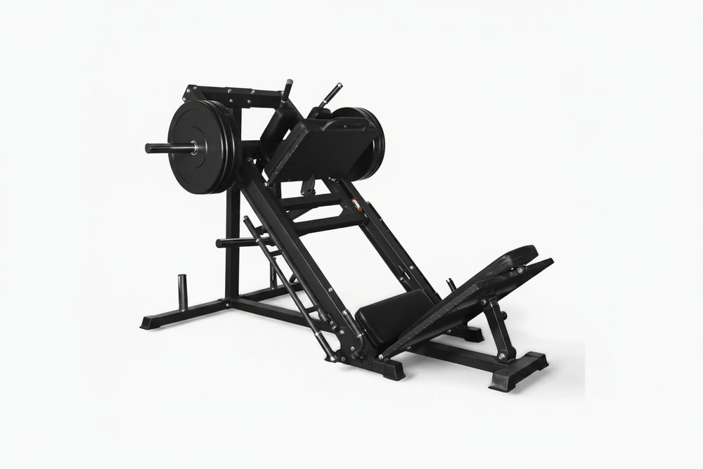 Black leg press machine on a white background