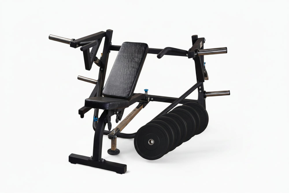 Black chest press machine with a set of weight plates on a white background