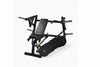 Black frame and cushioned bench chest press machine with a set of weight plates on a white background