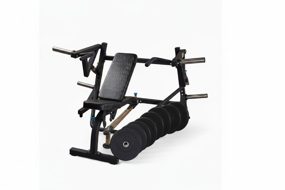 Black frame and cushioned bench chest press machine with a set of weight plates on a white background
