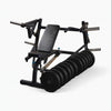 Commercial chest press machine with a set of weight plates on a white background