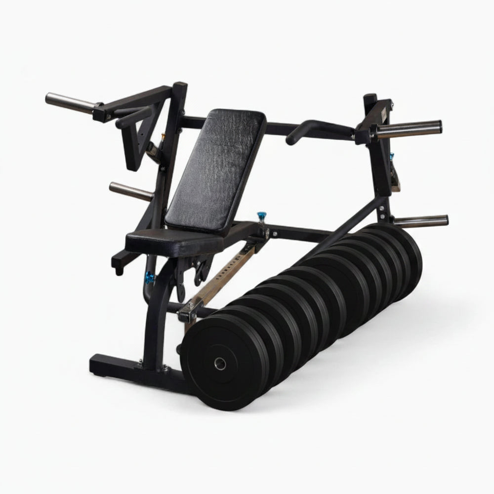 Commercial chest press machine with a set of weight plates on a white background