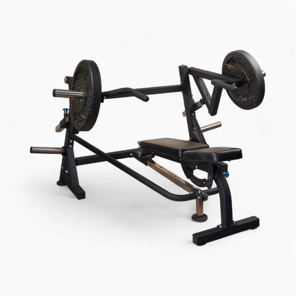 Plate loaded chest press with weight plates attached n a white background