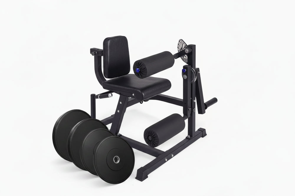 Semi-commercial leg extension and hamstring curl machine with weight plate set