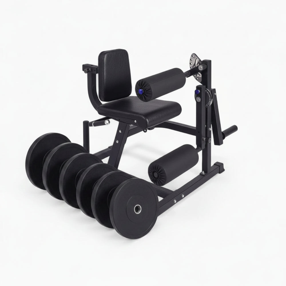 Semi-commercial leg extension and hamstring curl machine with weight plate set on a white background