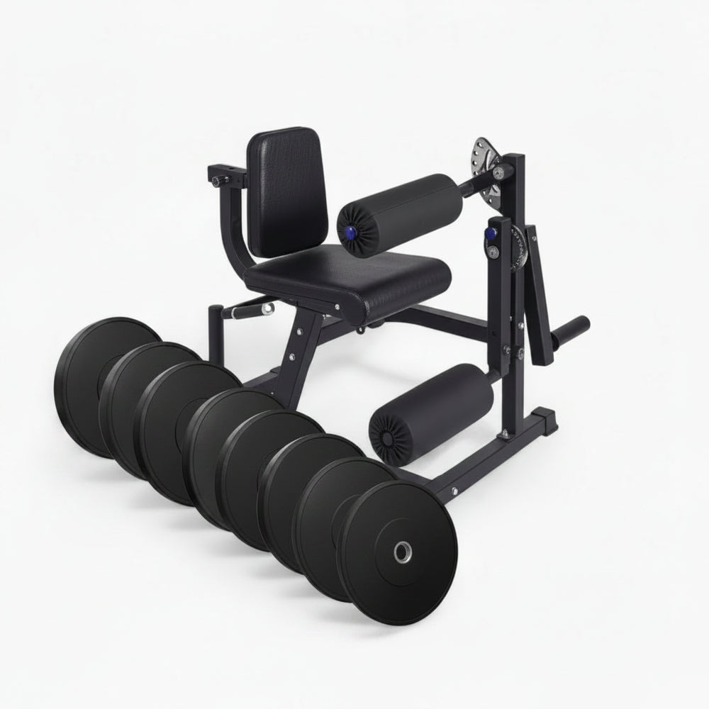 Semi-commercial leg extension and hamstring curl machine with weight plate set