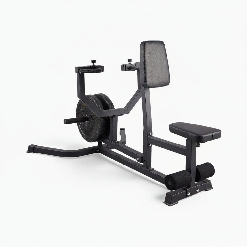 Black weight machine with padding on a white background