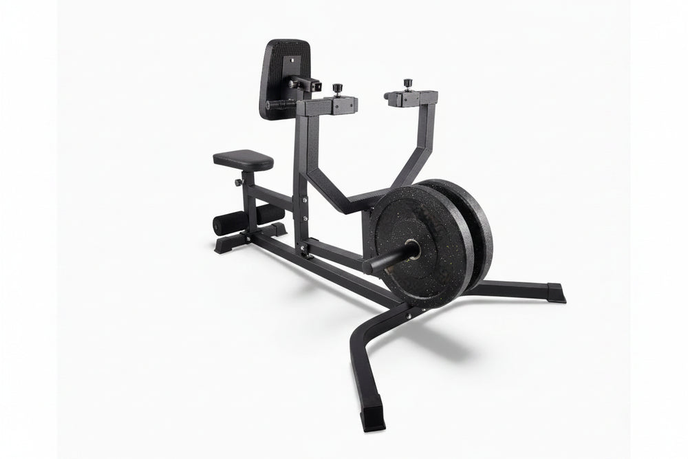 Gym row machine with weights on a white background