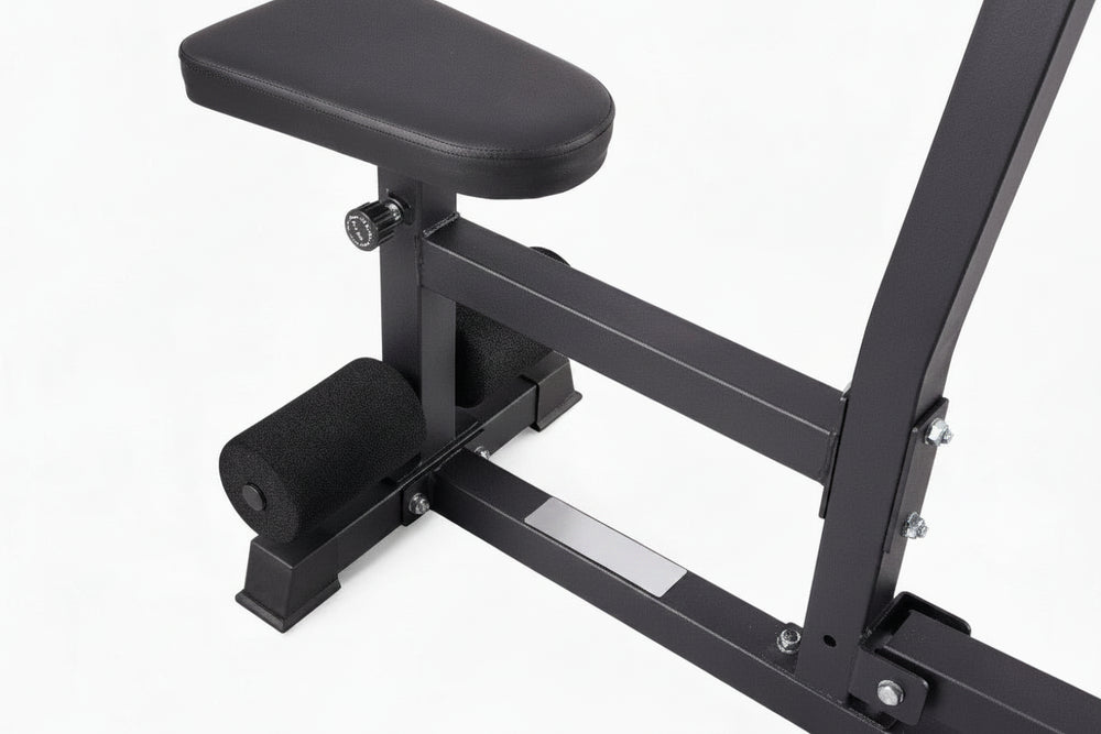 Black gym row machine with adjustable seat and backrest on a white background