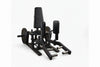 Black plate-loaded hip abductor/adductor machine on a white background