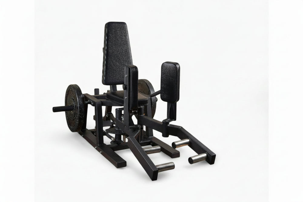 Black plate-loaded hip abductor/adductor machine on a white background