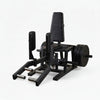 Black weight machine with weight plates on a white background