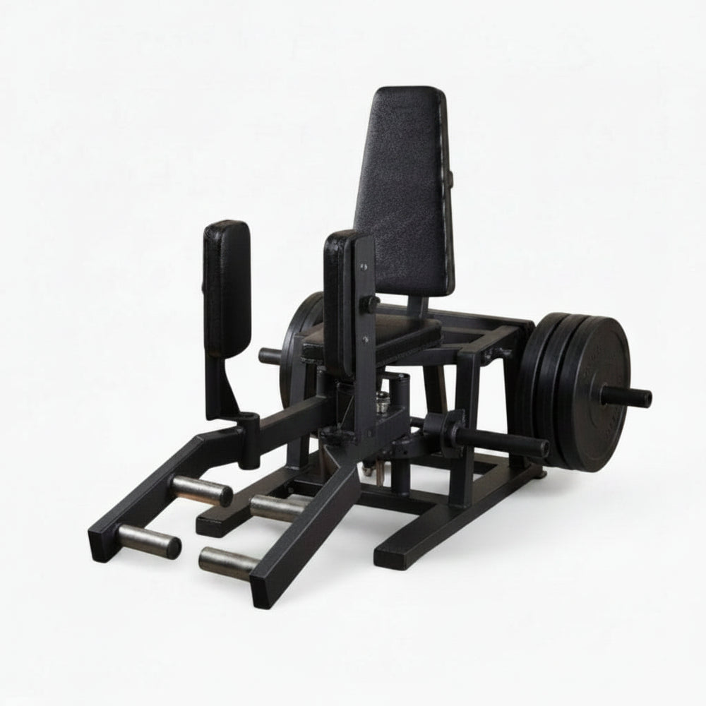 Black weight machine with weight plates on a white background