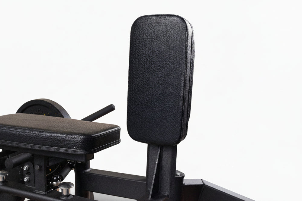 Black gym machine seat on a white background