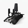 Black weight machine with weight plates on a white background