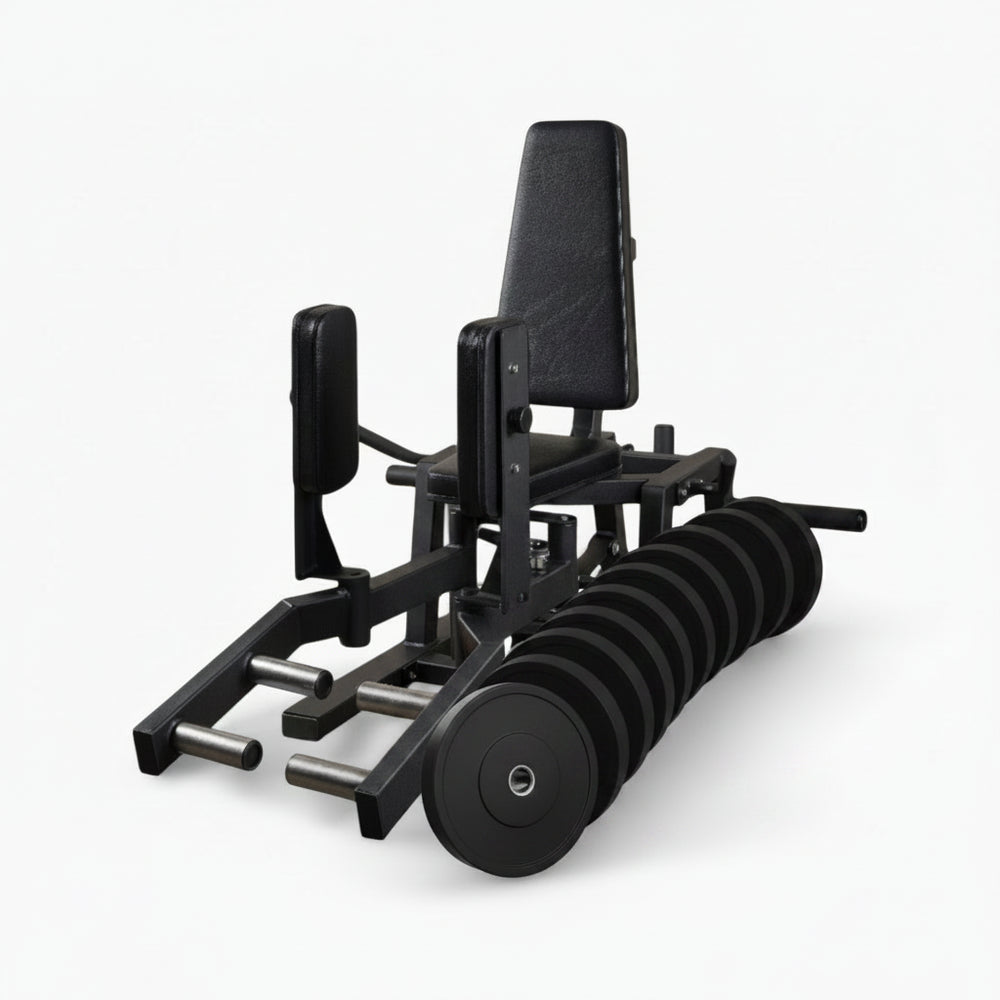 Black weight machine with weight plates on a white background