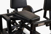 Black gym machine with cushioned seat on a white background