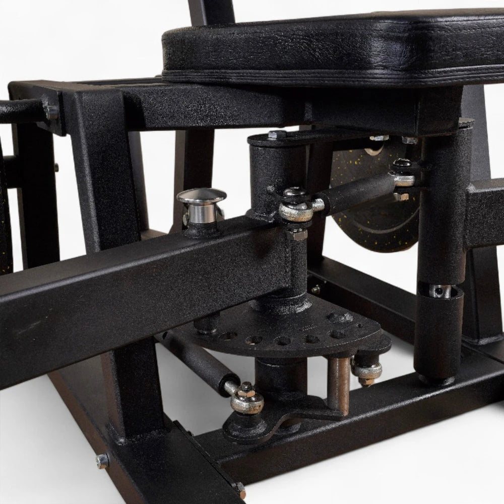 Close-up of a black metal mechanical adjustment of a gym machine on a white background 