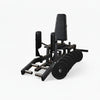 Black weight training machine with weight stack on a white background