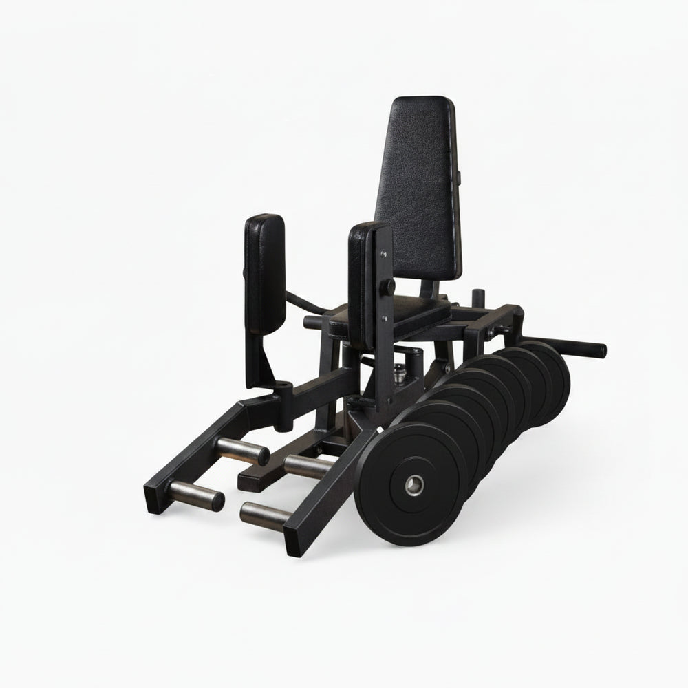 Black weight training machine with weight stack on a white background