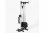 Black cable machine with weight plates on a white background