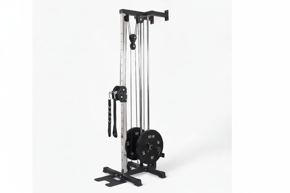 Black cable machine with weight plates on a white background