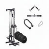 Gym equipment set including a cable machine, weight plates, and accessories on a white background