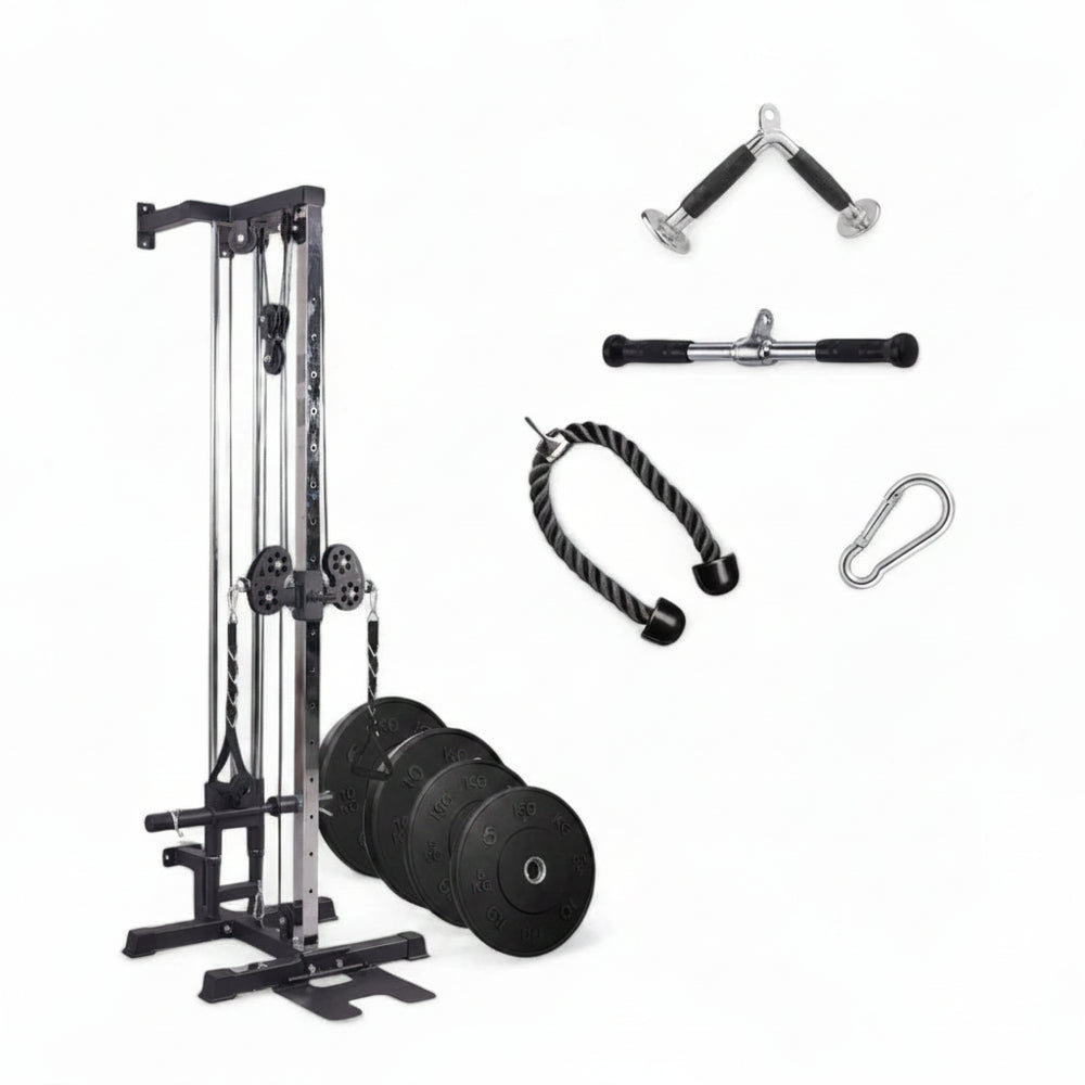 Gym equipment set including a cable machine, weight plates, and accessories on a white background