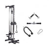 Gym equipment set including a cable machine, resistance bands, and handles on a white background