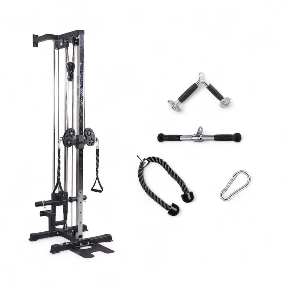 Gym equipment set including a cable machine, resistance bands, and handles on a white background