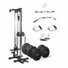 Gym equipment set including a barbell, weight plates, and various attachments on a white background.