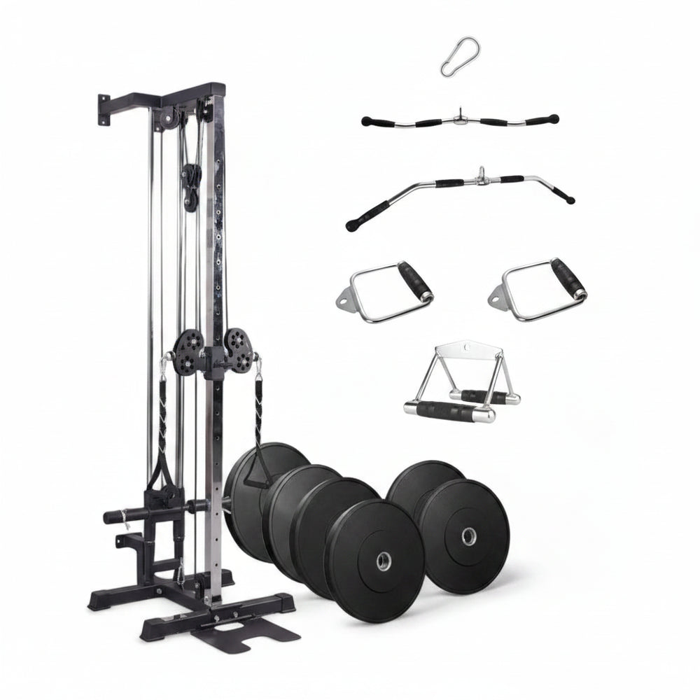 Gym equipment set including a barbell, weight plates, and various attachments on a white background.
