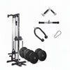 Gym equipment set including a cable machine, weight plates, and resistance bands on a white background.