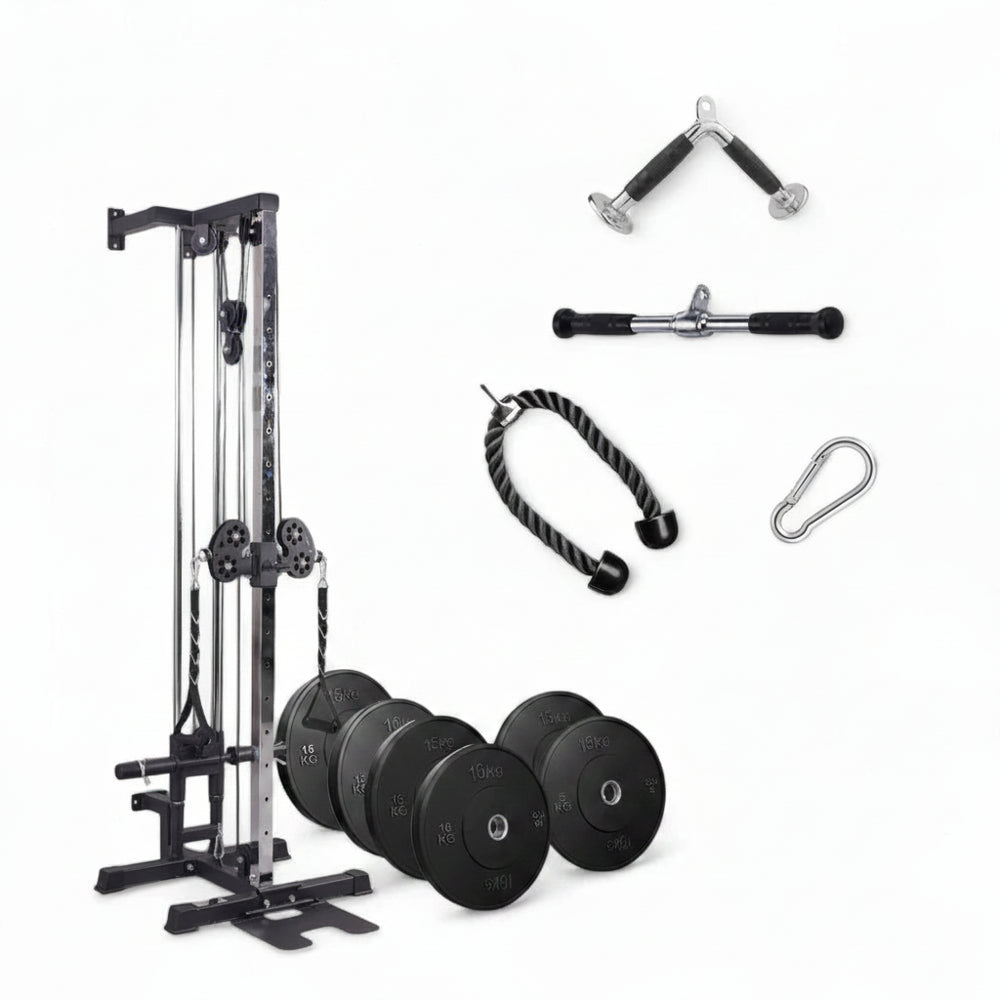 Gym equipment set including a cable machine, weight plates, and resistance bands on a white background.