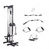 Gym equipment set including a cable machine and various attachments on a white background