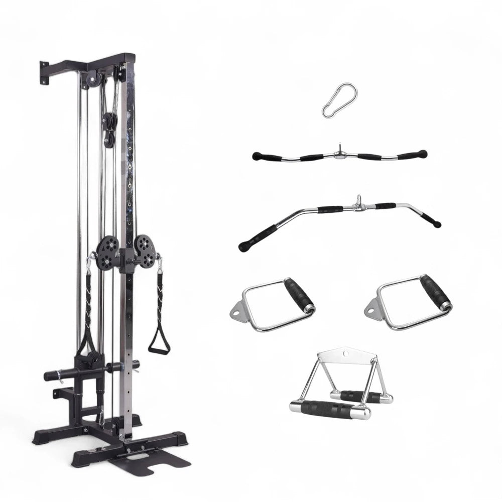 Gym equipment set including a cable machine and various attachments on a white background