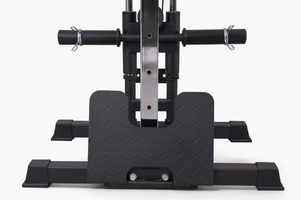 Black metal bracket of a cable machine with textured base on a white background
