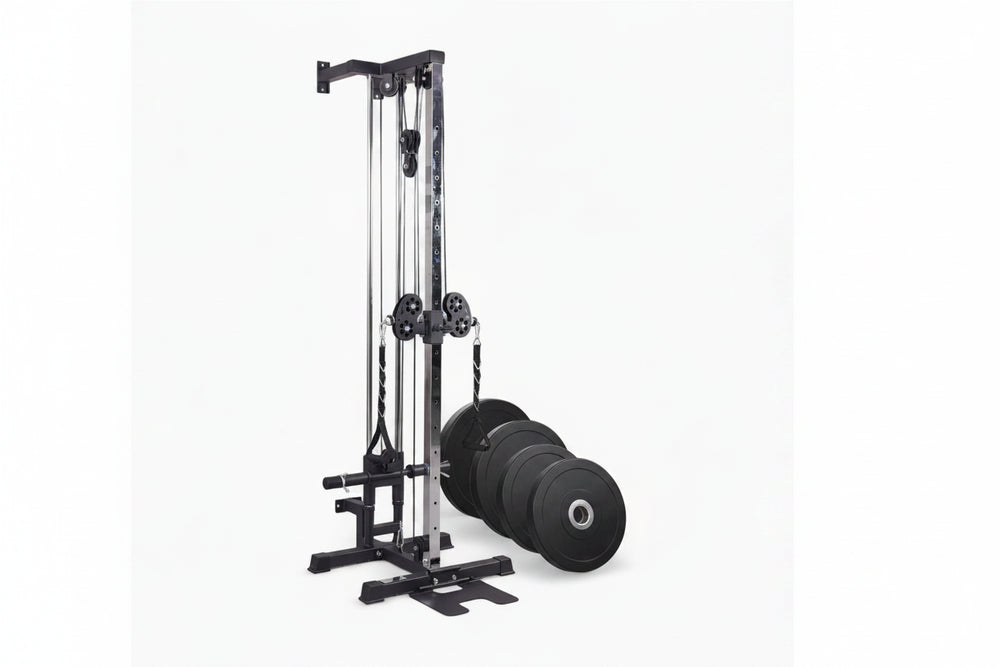 Weightlifting machine with weight plates on a white background
