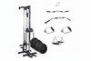Gym equipment set including a weight rack, barbells, and attachments on a white background