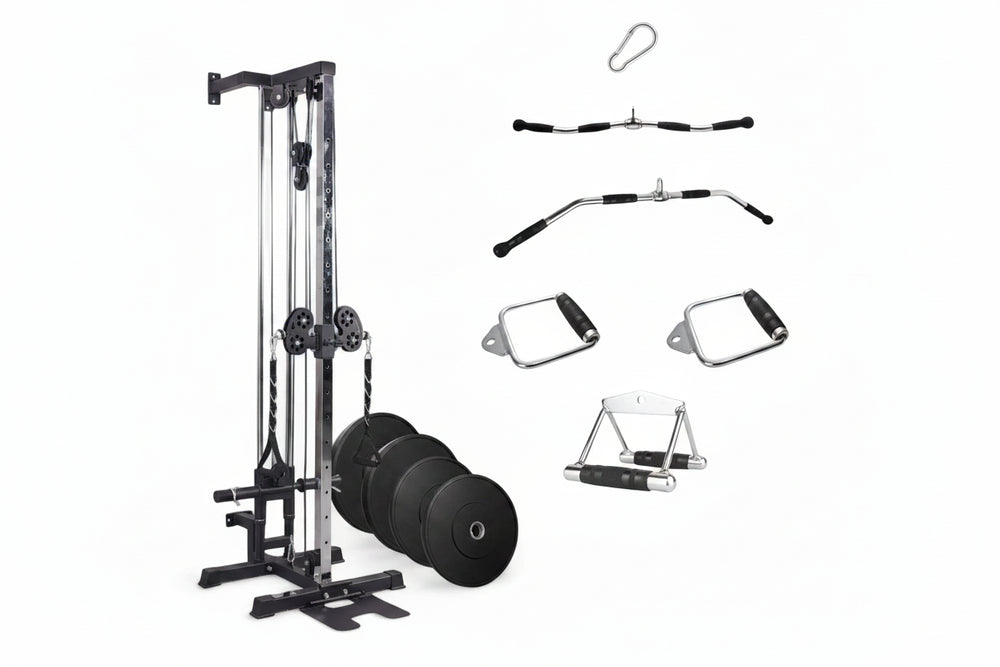 Gym equipment set including a weight rack, barbells, and attachments on a white background