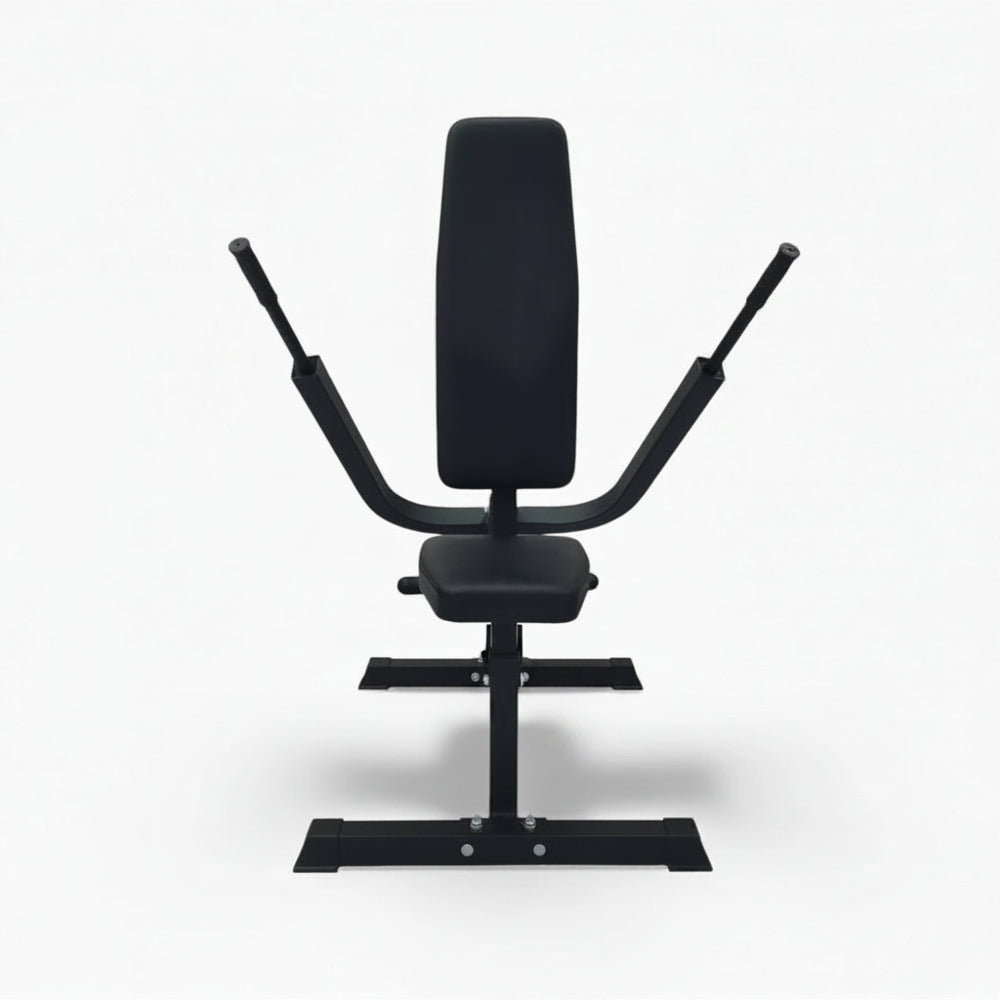 Black gym seated dip bench press machine on a white background