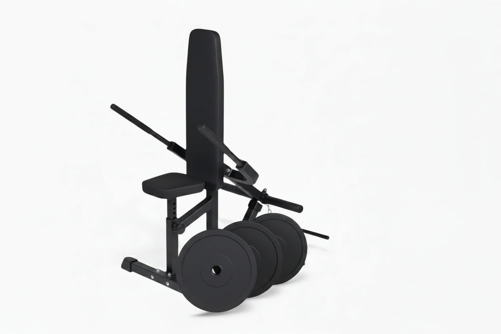 Black weight dip machine with weight plates on a white background