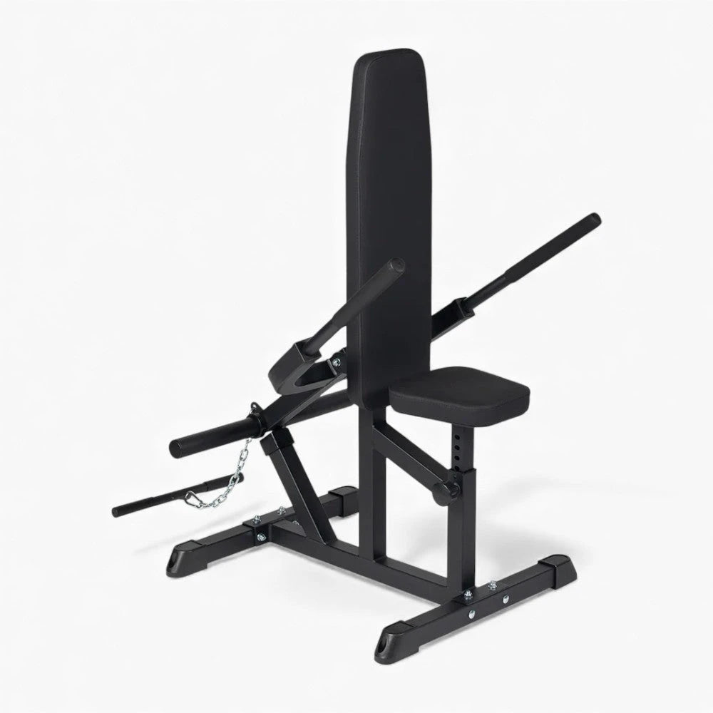 Black seated dip machine on a white background