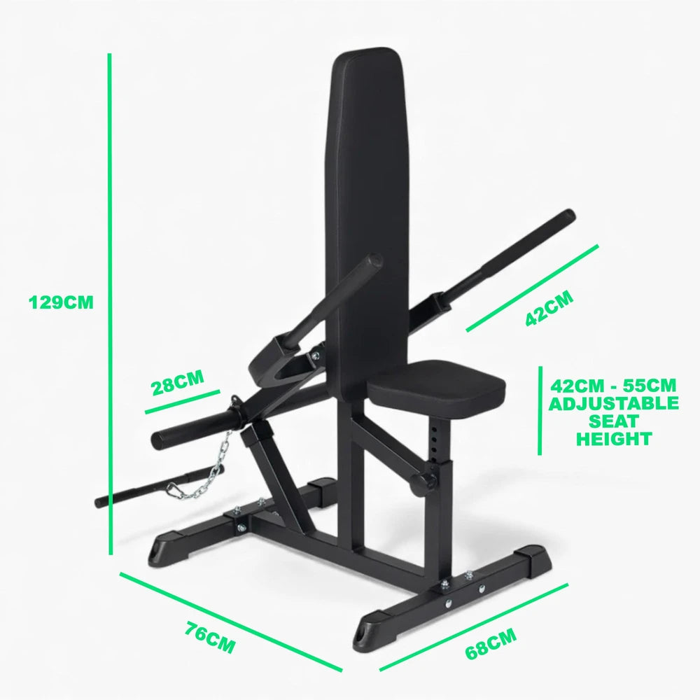 Black weight dip machine with dimensions marked on a white background